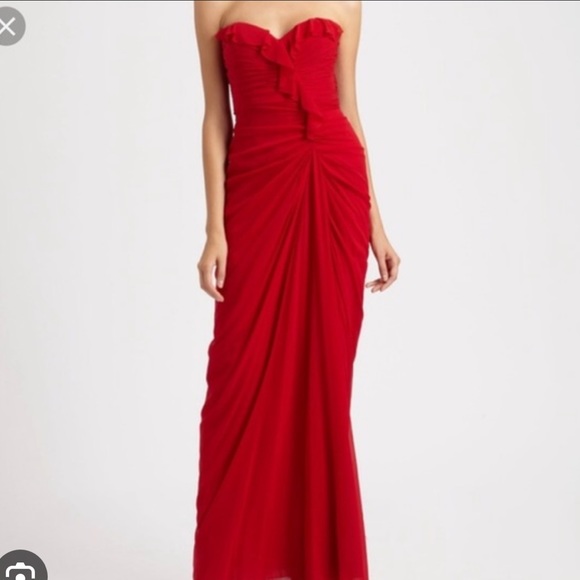 Badgley Mischka Strapless Red Silk Ruched Sides Formal Prom Gown NWT 8 - Picture 1 of 14